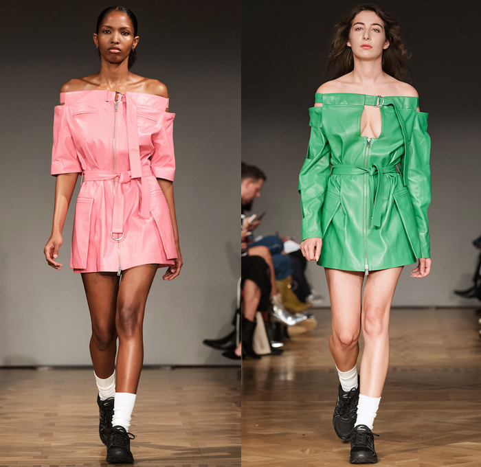NAND by Nette Sandström 2019 Spring Summer Womens Runway Catwalk Looks - Fashion Week Stockholm Sweden - Strapless Open Shoulders Cutout Turtleneck Sweater Crop Top Midriff Long Sleeve Shirt Blouse Coatdress Outerwear Coat Pantsuit Boxy Cycling Compression Shorts Tights Skirt Straps Zipper Tie Up Waist Cargo Pockets Snakeskin Plaid Check Brocade Jacquard Trainers Running Shoes Sneakers Sunglasses Shades