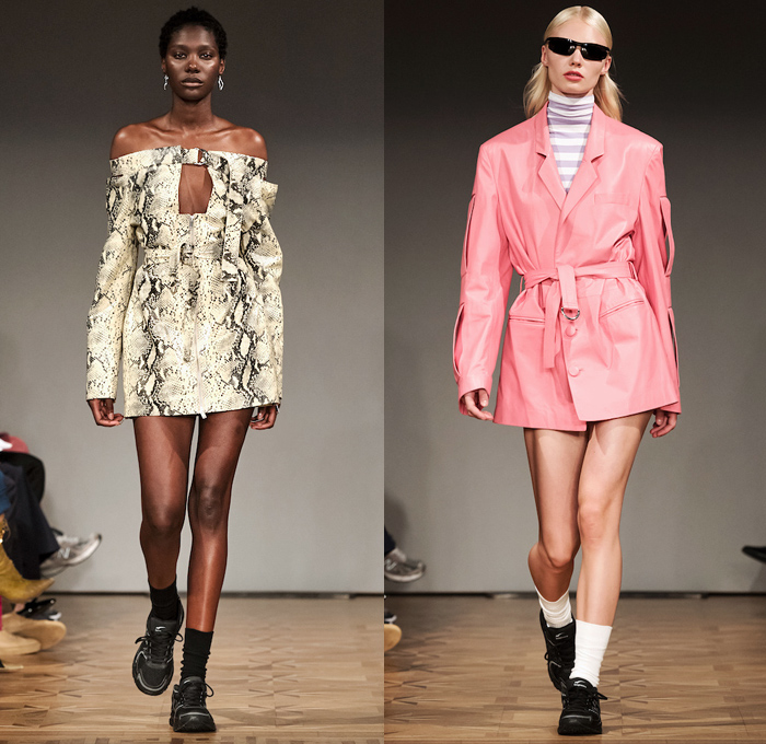 NAND by Nette Sandström 2019 Spring Summer Womens Runway Catwalk Looks - Fashion Week Stockholm Sweden - Strapless Open Shoulders Cutout Turtleneck Sweater Crop Top Midriff Long Sleeve Shirt Blouse Coatdress Outerwear Coat Pantsuit Boxy Cycling Compression Shorts Tights Skirt Straps Zipper Tie Up Waist Cargo Pockets Snakeskin Plaid Check Brocade Jacquard Trainers Running Shoes Sneakers Sunglasses Shades