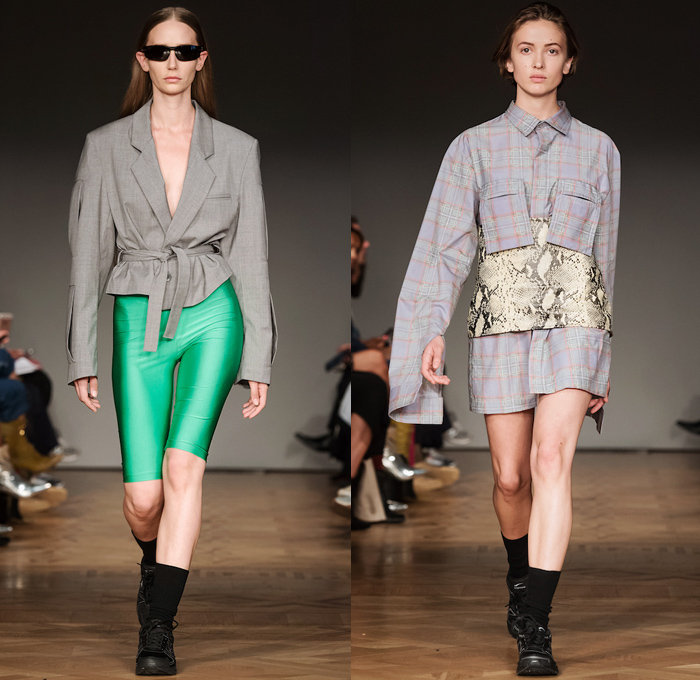 NAND by Nette Sandström 2019 Spring Summer Womens Runway Catwalk Looks - Fashion Week Stockholm Sweden - Strapless Open Shoulders Cutout Turtleneck Sweater Crop Top Midriff Long Sleeve Shirt Blouse Coatdress Outerwear Coat Pantsuit Boxy Cycling Compression Shorts Tights Skirt Straps Zipper Tie Up Waist Cargo Pockets Snakeskin Plaid Check Brocade Jacquard Trainers Running Shoes Sneakers Sunglasses Shades