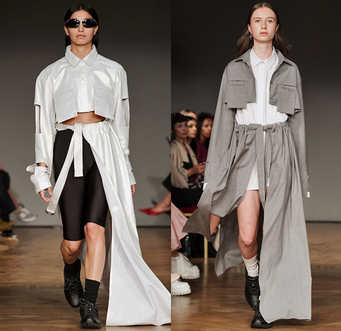 NAND by Nette Sandström 2019 Spring Summer Womens Runway Catwalk Looks - Fashion Week Stockholm Sweden - Strapless Open Shoulders Cutout Turtleneck Sweater Crop Top Midriff Long Sleeve Shirt Blouse Coatdress Outerwear Coat Pantsuit Boxy Cycling Compression Shorts Tights Skirt Straps Zipper Tie Up Waist Cargo Pockets Snakeskin Plaid Check Brocade Jacquard Trainers Running Shoes Sneakers Sunglasses Shades