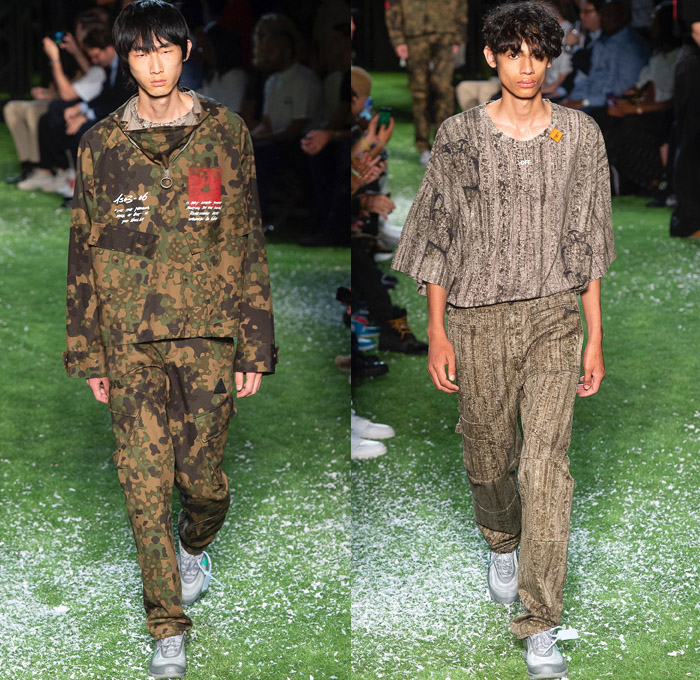 Off-White by Virgil Abloh 2019 Spring Summer Mens Runway Catwalk Looks Collection Paris Fashion Week Homme France FHCM - Denim Jeans Vest Destroyed Contrast Stitching Tapered Slouchy Asymmetrical Tuxedo Stripe Raw Dry Selvedge Acid Wash Bleached Graffiti Art Script Writing Camouflage Streetwear Flowers Floral Ombré Outerwear Coat Parka Anorak Sweatshirt Cargo Pockets Trainers Running Shoes Carabiner Hooks Keychain Shoelaces Chain Backpack Crossbody Sling Pack