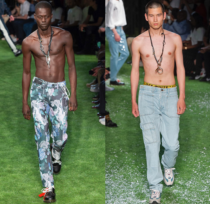 Off-White by Virgil Abloh 2019 Spring Summer Mens Runway Catwalk Looks Collection Paris Fashion Week Homme France FHCM - Denim Jeans Vest Destroyed Contrast Stitching Tapered Slouchy Asymmetrical Tuxedo Stripe Raw Dry Selvedge Acid Wash Bleached Graffiti Art Script Writing Camouflage Streetwear Flowers Floral Ombré Outerwear Coat Parka Anorak Sweatshirt Cargo Pockets Trainers Running Shoes Carabiner Hooks Keychain Shoelaces Chain Backpack Crossbody Sling Pack