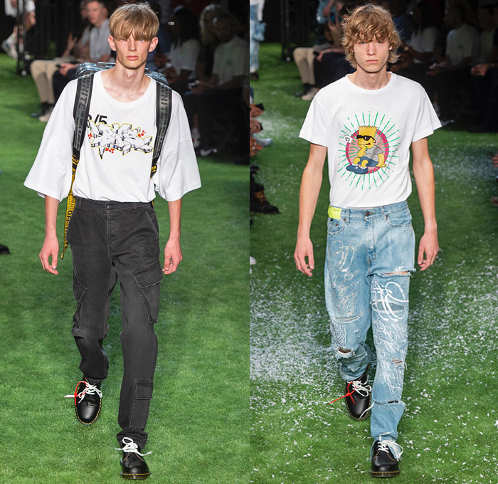 Off-White by Virgil Abloh 2019 Spring Summer Mens Runway Catwalk Looks Collection Paris Fashion Week Homme France FHCM - Denim Jeans Vest Destroyed Contrast Stitching Tapered Slouchy Asymmetrical Tuxedo Stripe Raw Dry Selvedge Acid Wash Bleached Graffiti Art Script Writing Camouflage Streetwear Flowers Floral Ombré Outerwear Coat Parka Anorak Sweatshirt Cargo Pockets Trainers Running Shoes Carabiner Hooks Keychain Shoelaces Chain Backpack Crossbody Sling Pack