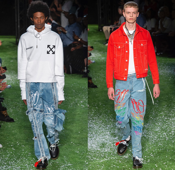 Off-White by Virgil Abloh 2019 Spring Summer Mens Runway Catwalk Looks Collection Paris Fashion Week Homme France FHCM - Denim Jeans Vest Destroyed Contrast Stitching Tapered Slouchy Asymmetrical Tuxedo Stripe Raw Dry Selvedge Acid Wash Bleached Graffiti Art Script Writing Camouflage Streetwear Flowers Floral Ombré Outerwear Coat Parka Anorak Sweatshirt Cargo Pockets Trainers Running Shoes Carabiner Hooks Keychain Shoelaces Chain Backpack Crossbody Sling Pack