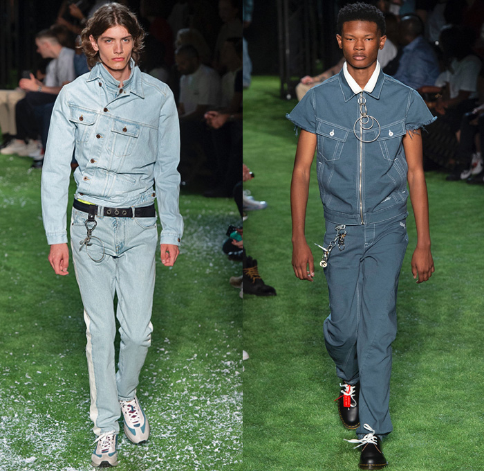 Off-White by Virgil Abloh 2019 Spring Summer Mens Runway Catwalk Looks Collection Paris Fashion Week Homme France FHCM - Denim Jeans Vest Destroyed Contrast Stitching Tapered Slouchy Asymmetrical Tuxedo Stripe Raw Dry Selvedge Acid Wash Bleached Graffiti Art Script Writing Camouflage Streetwear Flowers Floral Ombré Outerwear Coat Parka Anorak Sweatshirt Cargo Pockets Trainers Running Shoes Carabiner Hooks Keychain Shoelaces Chain Backpack Crossbody Sling Pack