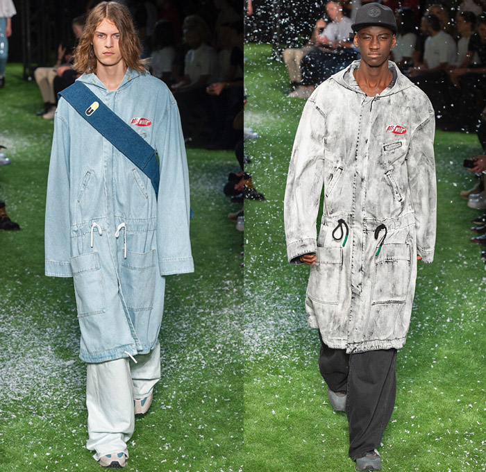 Off-White by Virgil Abloh 2019 Spring Summer Mens Runway Catwalk Looks Collection Paris Fashion Week Homme France FHCM - Denim Jeans Vest Destroyed Contrast Stitching Tapered Slouchy Asymmetrical Tuxedo Stripe Raw Dry Selvedge Acid Wash Bleached Graffiti Art Script Writing Camouflage Streetwear Flowers Floral Ombré Outerwear Coat Parka Anorak Sweatshirt Cargo Pockets Trainers Running Shoes Carabiner Hooks Keychain Shoelaces Chain Backpack Crossbody Sling Pack