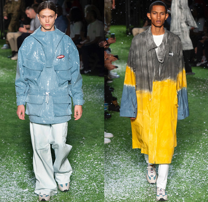 Off-White by Virgil Abloh 2019 Spring Summer Mens Runway Catwalk Looks Collection Paris Fashion Week Homme France FHCM - Denim Jeans Vest Destroyed Contrast Stitching Tapered Slouchy Asymmetrical Tuxedo Stripe Raw Dry Selvedge Acid Wash Bleached Graffiti Art Script Writing Camouflage Streetwear Flowers Floral Ombré Outerwear Coat Parka Anorak Sweatshirt Cargo Pockets Trainers Running Shoes Carabiner Hooks Keychain Shoelaces Chain Backpack Crossbody Sling Pack