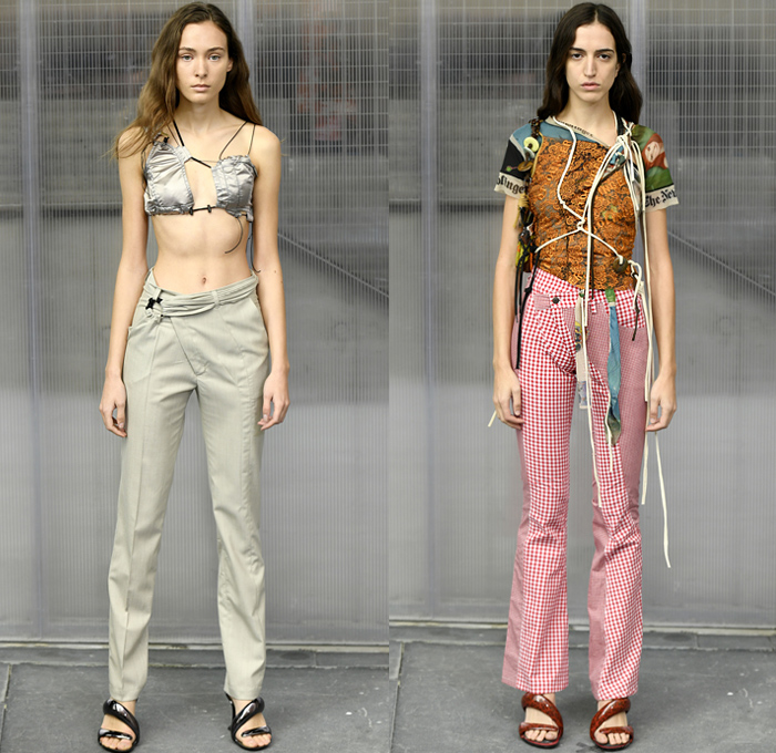 Ottolinger 2019 Spring Summer Womens Lookbook Presentation - Mode à Paris Fashion Week France - Nylon Parachute Strings Acid Wash Rustic Blowtorch Destroyed Denim Jeans Vest Motorcycle Biker Cutout Shoulders Fold Over Pants Shorts Hybrid Combo Deconstructed Panels Flowers Floral Mix Knitwear Ink Stains Bikini Top Picnic Check Lace Embroidery Needlework Chain Loops Dress Fringes Scarf Illustration Metallic Foil Tote Bag Organic Shape Micro Handbag