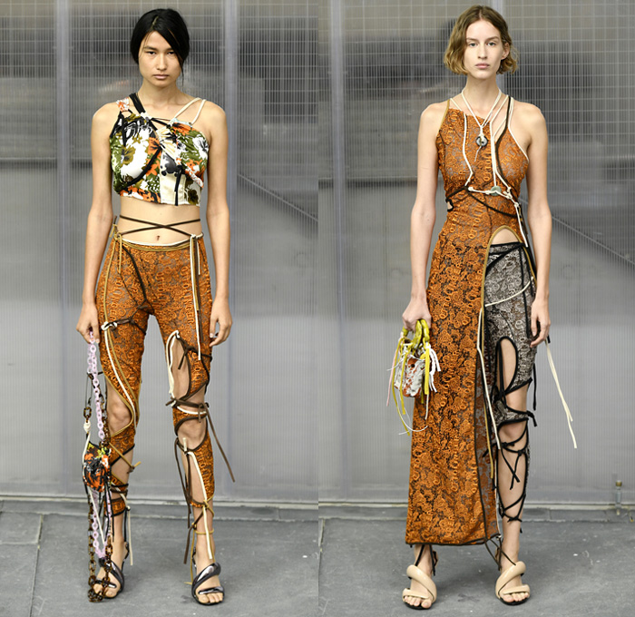 Ottolinger 2019 Spring Summer Womens Lookbook Presentation - Mode à Paris Fashion Week France - Nylon Parachute Strings Acid Wash Rustic Blowtorch Destroyed Denim Jeans Vest Motorcycle Biker Cutout Shoulders Fold Over Pants Shorts Hybrid Combo Deconstructed Panels Flowers Floral Mix Knitwear Ink Stains Bikini Top Picnic Check Lace Embroidery Needlework Chain Loops Dress Fringes Scarf Illustration Metallic Foil Tote Bag Organic Shape Micro Handbag