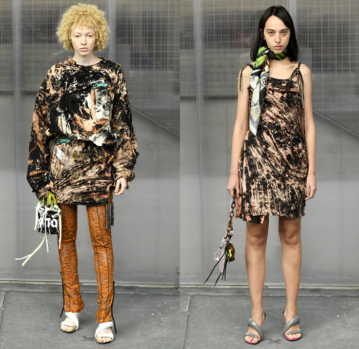 Ottolinger 2019 Spring Summer Womens Lookbook Presentation - Mode à Paris Fashion Week France - Nylon Parachute Strings Acid Wash Rustic Blowtorch Destroyed Denim Jeans Vest Motorcycle Biker Cutout Shoulders Fold Over Pants Shorts Hybrid Combo Deconstructed Panels Flowers Floral Mix Knitwear Ink Stains Bikini Top Picnic Check Lace Embroidery Needlework Chain Loops Dress Fringes Scarf Illustration Metallic Foil Tote Bag Organic Shape Micro Handbag