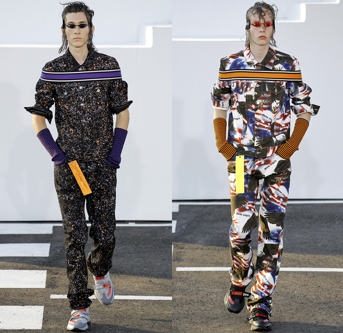 Palm Angels x Under Armour Collaboration 2019 Spring Summer Mens Runway Catwalk Looks Collection Milan Fashion Week Mens MFW Milano Moda Uomo - Recovery Technology Techno USA Flag Bald Eagle Nylon Plaid Check Sheer Denim Jeans Paint Splatter Tabard Vest Jacket Contrast Stitching Anorak Sportswear Athleisure Trackwear Jogger Corduroy Shorts Fanny Pack Waist Pouch Belt Bum Bag Sling Lanyard Matrix Pro Swim Goggles Trainers Velcro Strap Tag Arm Warmers Knit Crochet Bucket Hat Cowboy Boots