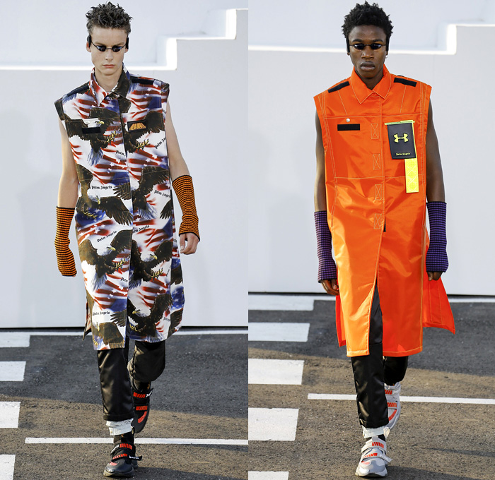 Palm Angels x Under Armour Collaboration 2019 Spring Summer Mens Runway Catwalk Looks Collection Milan Fashion Week Mens MFW Milano Moda Uomo - Recovery Technology Techno USA Flag Bald Eagle Nylon Plaid Check Sheer Denim Jeans Paint Splatter Tabard Vest Jacket Contrast Stitching Anorak Sportswear Athleisure Trackwear Jogger Corduroy Shorts Fanny Pack Waist Pouch Belt Bum Bag Sling Lanyard Matrix Pro Swim Goggles Trainers Velcro Strap Tag Arm Warmers Knit Crochet Bucket Hat Cowboy Boots