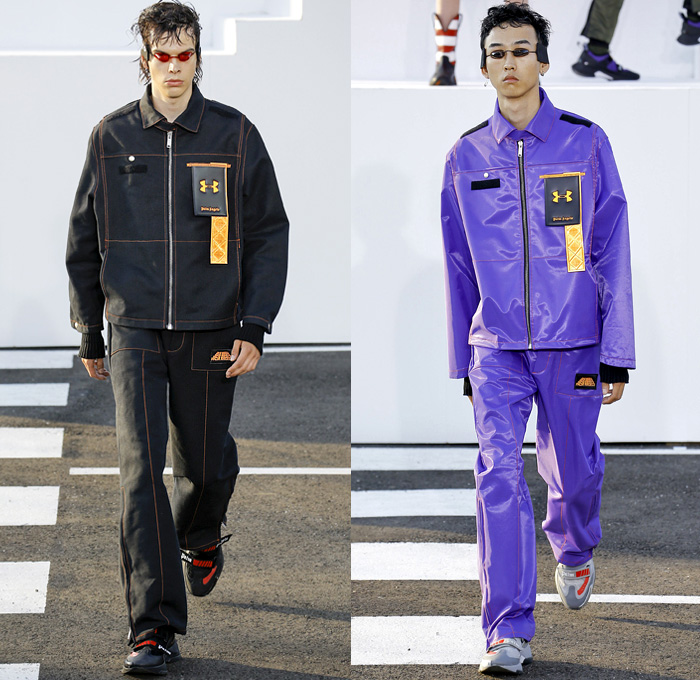 Palm Angels x Under Armour Collaboration 2019 Spring Summer Mens Runway Catwalk Looks Collection Milan Fashion Week Mens MFW Milano Moda Uomo - Recovery Technology Techno USA Flag Bald Eagle Nylon Plaid Check Sheer Denim Jeans Paint Splatter Tabard Vest Jacket Contrast Stitching Anorak Sportswear Athleisure Trackwear Jogger Corduroy Shorts Fanny Pack Waist Pouch Belt Bum Bag Sling Lanyard Matrix Pro Swim Goggles Trainers Velcro Strap Tag Arm Warmers Knit Crochet Bucket Hat Cowboy Boots