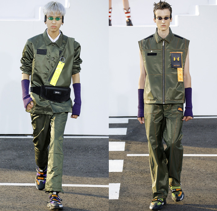 Palm Angels x Under Armour Collaboration 2019 Spring Summer Mens Runway Catwalk Looks Collection Milan Fashion Week Mens MFW Milano Moda Uomo - Recovery Technology Techno USA Flag Bald Eagle Nylon Plaid Check Sheer Denim Jeans Paint Splatter Tabard Vest Jacket Contrast Stitching Anorak Sportswear Athleisure Trackwear Jogger Corduroy Shorts Fanny Pack Waist Pouch Belt Bum Bag Sling Lanyard Matrix Pro Swim Goggles Trainers Velcro Strap Tag Arm Warmers Knit Crochet Bucket Hat Cowboy Boots