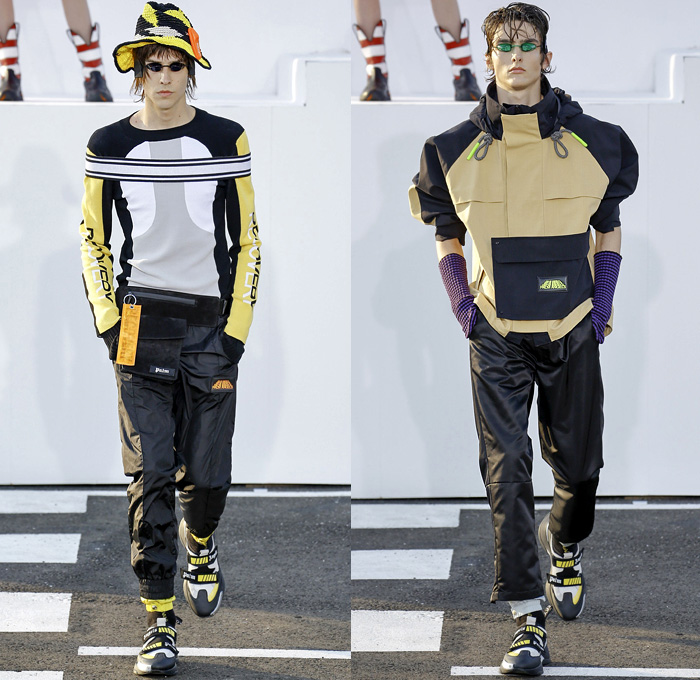 Palm Angels x Under Armour Collaboration 2019 Spring Summer Mens Runway Catwalk Looks Collection Milan Fashion Week Mens MFW Milano Moda Uomo - Recovery Technology Techno USA Flag Bald Eagle Nylon Plaid Check Sheer Denim Jeans Paint Splatter Tabard Vest Jacket Contrast Stitching Anorak Sportswear Athleisure Trackwear Jogger Corduroy Shorts Fanny Pack Waist Pouch Belt Bum Bag Sling Lanyard Matrix Pro Swim Goggles Trainers Velcro Strap Tag Arm Warmers Knit Crochet Bucket Hat Cowboy Boots