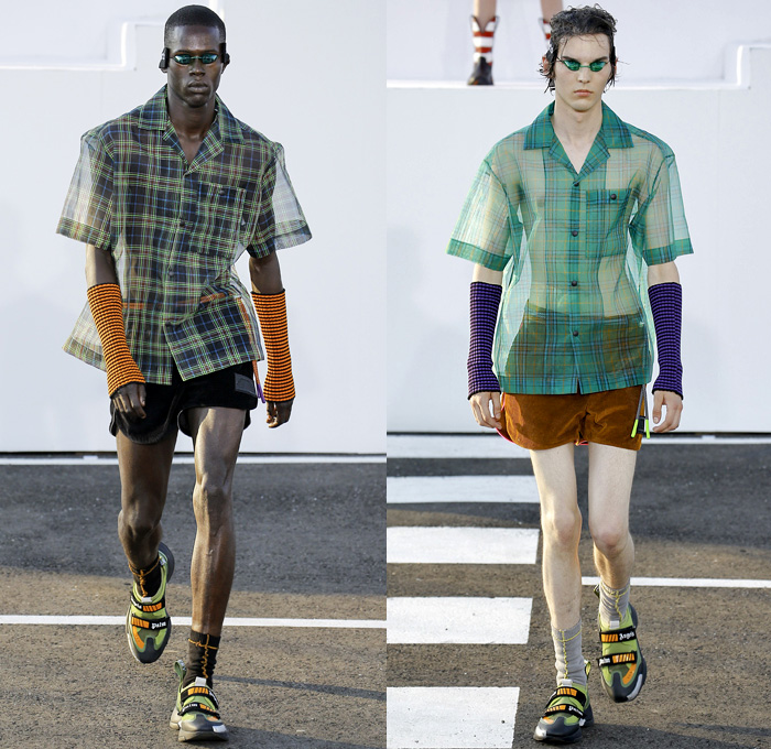 Palm Angels x Under Armour Collaboration 2019 Spring Summer Mens Runway Catwalk Looks Collection Milan Fashion Week Mens MFW Milano Moda Uomo - Recovery Technology Techno USA Flag Bald Eagle Nylon Plaid Check Sheer Denim Jeans Paint Splatter Tabard Vest Jacket Contrast Stitching Anorak Sportswear Athleisure Trackwear Jogger Corduroy Shorts Fanny Pack Waist Pouch Belt Bum Bag Sling Lanyard Matrix Pro Swim Goggles Trainers Velcro Strap Tag Arm Warmers Knit Crochet Bucket Hat Cowboy Boots