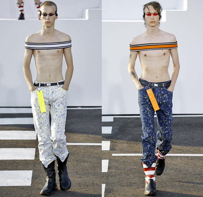 Palm Angels x Under Armour Collaboration 2019 Spring Summer Mens Runway Catwalk Looks Collection Milan Fashion Week Mens MFW Milano Moda Uomo - Recovery Technology Techno USA Flag Bald Eagle Nylon Plaid Check Sheer Denim Jeans Paint Splatter Tabard Vest Jacket Contrast Stitching Anorak Sportswear Athleisure Trackwear Jogger Corduroy Shorts Fanny Pack Waist Pouch Belt Bum Bag Sling Lanyard Matrix Pro Swim Goggles Trainers Velcro Strap Tag Arm Warmers Knit Crochet Bucket Hat Cowboy Boots