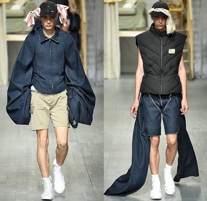 Per Götesson 2019 Spring Summer Mens Runway Catwalk Looks Collection London Fashion Week Mens LFWM - Outerwear Coat Sleeveless Quilted Puffer Down Bubble Vest Slit Hem Knit Sweater Jumper Denim Jeans Jacket Oversized Wide Sleeves Cutoffs Shorts Jorts Leggings Jogger Sweatpants Paper Bag Waist Frayed Raw Hem Cargo Pockets Drawstring Cinch Train Shawl Spoons Forks Utensils Silverware Holes Baseball Cap Head Scarf Sandals Trainers Bum Bag Slingpack