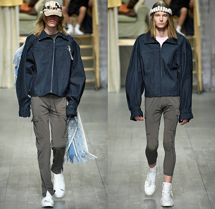 Per Götesson 2019 Spring Summer Mens Runway Catwalk Looks Collection London Fashion Week Mens LFWM - Outerwear Coat Sleeveless Quilted Puffer Down Bubble Vest Slit Hem Knit Sweater Jumper Denim Jeans Jacket Oversized Wide Sleeves Cutoffs Shorts Jorts Leggings Jogger Sweatpants Paper Bag Waist Frayed Raw Hem Cargo Pockets Drawstring Cinch Train Shawl Spoons Forks Utensils Silverware Holes Baseball Cap Head Scarf Sandals Trainers Bum Bag Slingpack