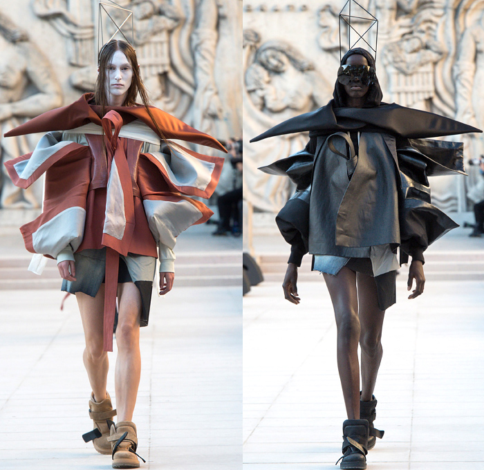 Rick Owens 2019 Spring Summer Womens Runway Catwalk Looks Collection - Mode à Paris Fashion Week France - Babel Tatlin Tower Post-Apocalyptic Deconstructed Wireframe Sculpture Organic Shape Dimensional Geometric Holes Mesh Cutout Oversized Folds Wide Sleeves Hoodie Sweatshirt Denim Jeans Skirt Fins Straps Crop Top Draped Fringes One Shoulder Maxi Dress Cape Fanny Pack Waist Pouch Bum Bag Jet Fighter Pilot Sunglasses Boots Torch