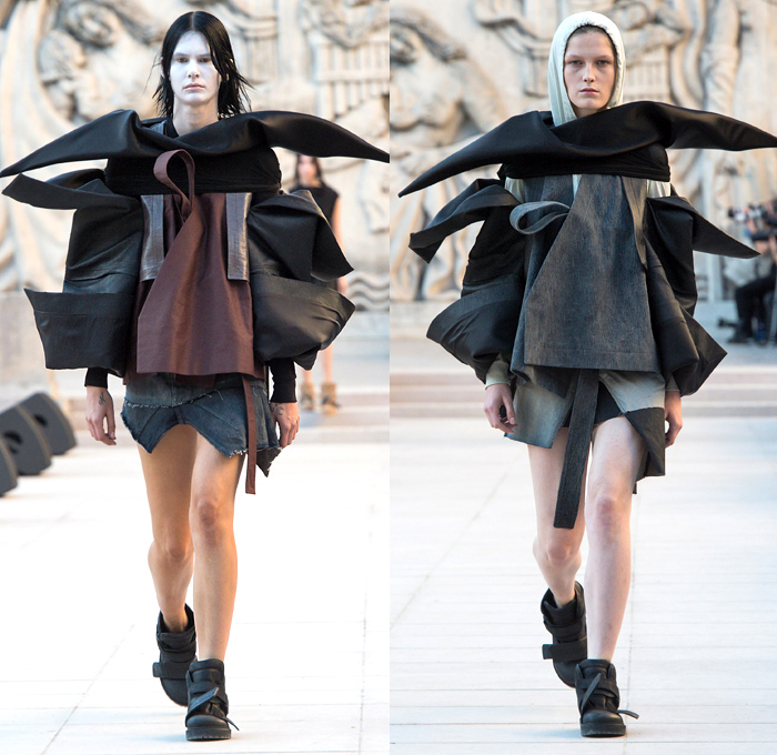 Rick Owens 2019 Spring Summer Womens Runway Catwalk Looks Collection - Mode à Paris Fashion Week France - Babel Tatlin Tower Post-Apocalyptic Deconstructed Wireframe Sculpture Organic Shape Dimensional Geometric Holes Mesh Cutout Oversized Folds Wide Sleeves Hoodie Sweatshirt Denim Jeans Skirt Fins Straps Crop Top Draped Fringes One Shoulder Maxi Dress Cape Fanny Pack Waist Pouch Bum Bag Jet Fighter Pilot Sunglasses Boots Torch