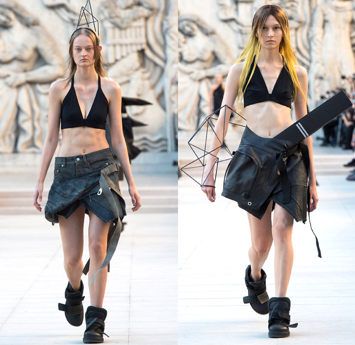 Rick Owens 2019 Spring Summer Womens Runway Catwalk Looks Collection - Mode à Paris Fashion Week France - Babel Tatlin Tower Post-Apocalyptic Deconstructed Wireframe Sculpture Organic Shape Dimensional Geometric Holes Mesh Cutout Oversized Folds Wide Sleeves Hoodie Sweatshirt Denim Jeans Skirt Fins Straps Crop Top Draped Fringes One Shoulder Maxi Dress Cape Fanny Pack Waist Pouch Bum Bag Jet Fighter Pilot Sunglasses Boots Torch