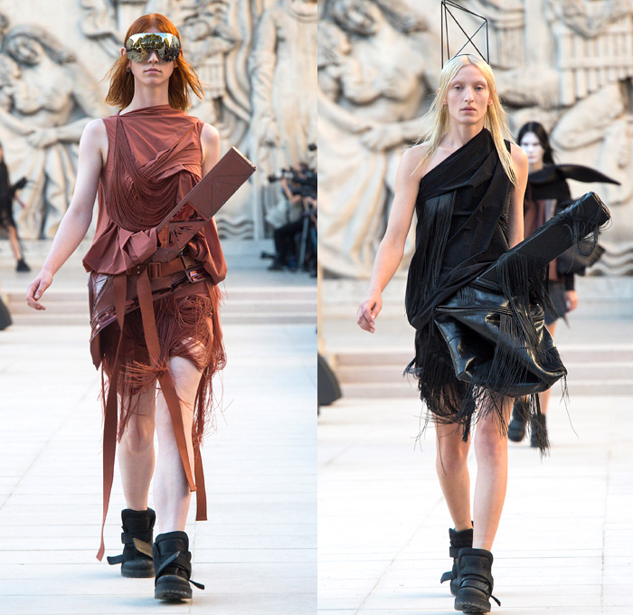 Rick Owens 2019 Spring Summer Womens Runway Catwalk Looks Collection - Mode à Paris Fashion Week France - Babel Tatlin Tower Post-Apocalyptic Deconstructed Wireframe Sculpture Organic Shape Dimensional Geometric Holes Mesh Cutout Oversized Folds Wide Sleeves Hoodie Sweatshirt Denim Jeans Skirt Fins Straps Crop Top Draped Fringes One Shoulder Maxi Dress Cape Fanny Pack Waist Pouch Bum Bag Jet Fighter Pilot Sunglasses Boots Torch