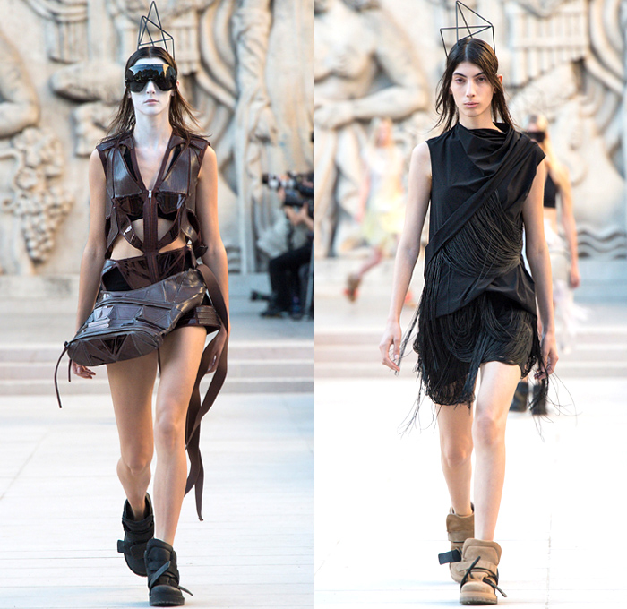 Rick Owens 2019 Spring Summer Womens Runway Catwalk Looks Collection - Mode à Paris Fashion Week France - Babel Tatlin Tower Post-Apocalyptic Deconstructed Wireframe Sculpture Organic Shape Dimensional Geometric Holes Mesh Cutout Oversized Folds Wide Sleeves Hoodie Sweatshirt Denim Jeans Skirt Fins Straps Crop Top Draped Fringes One Shoulder Maxi Dress Cape Fanny Pack Waist Pouch Bum Bag Jet Fighter Pilot Sunglasses Boots Torch