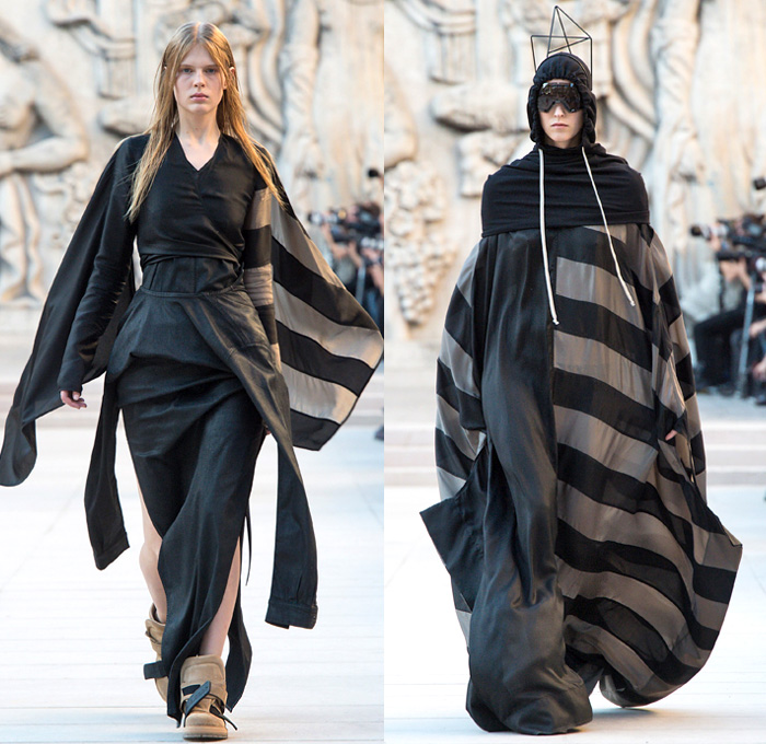 Rick Owens 2019 Spring Summer Womens Runway Catwalk Looks Collection - Mode à Paris Fashion Week France - Babel Tatlin Tower Post-Apocalyptic Deconstructed Wireframe Sculpture Organic Shape Dimensional Geometric Holes Mesh Cutout Oversized Folds Wide Sleeves Hoodie Sweatshirt Denim Jeans Skirt Fins Straps Crop Top Draped Fringes One Shoulder Maxi Dress Cape Fanny Pack Waist Pouch Bum Bag Jet Fighter Pilot Sunglasses Boots Torch