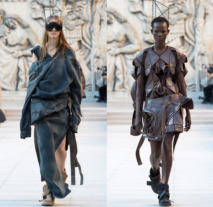 Rick Owens 2019 Spring Summer Womens Runway Catwalk Looks Collection - Mode à Paris Fashion Week France - Babel Tatlin Tower Post-Apocalyptic Deconstructed Wireframe Sculpture Organic Shape Dimensional Geometric Holes Mesh Cutout Oversized Folds Wide Sleeves Hoodie Sweatshirt Denim Jeans Skirt Fins Straps Crop Top Draped Fringes One Shoulder Maxi Dress Cape Fanny Pack Waist Pouch Bum Bag Jet Fighter Pilot Sunglasses Boots Torch