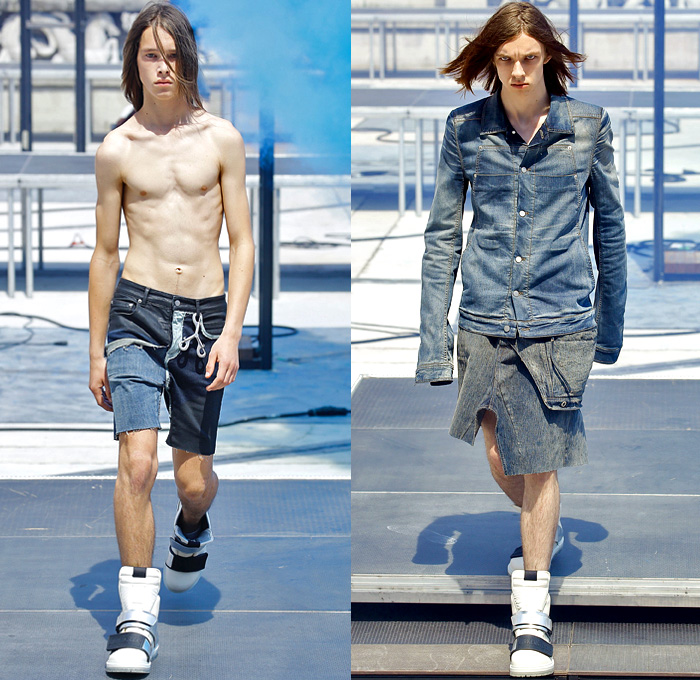 Rick Owens X Birkenstock Collaboration 2019 Spring Summer Mens Runway Catwalk Looks Collection Paris Fashion Week Homme France FHCM - Russian Constructivist Babel Tent Rods Silky Geometric Triangles Fringes Holes Cutout Structural Deconstructed Coat Nylon Parka Anorak Tanktop Bomber Jacket Waxed Denim Jeans Shorts Jorts Cutoffs Patchwork Carabiner Harness Cargo Pockets Snap Buttons Tearaway Pants Wide Leg Mask Veil Fanny Pack Waist Pouch Belt Bum Bag High Tops Sneakers Boots Sandals