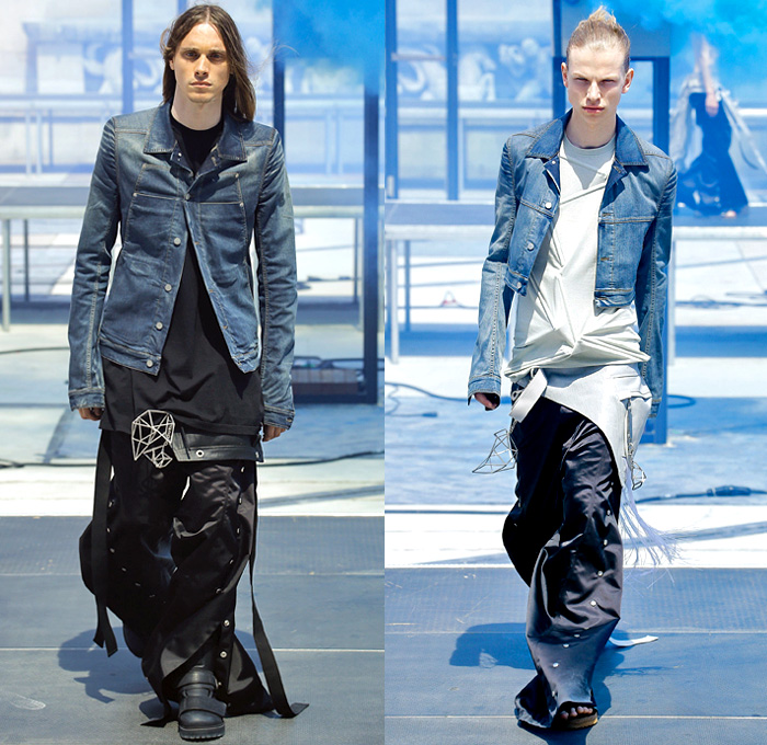 Rick Owens X Birkenstock Collaboration 2019 Spring Summer Mens Runway Catwalk Looks Collection Paris Fashion Week Homme France FHCM - Russian Constructivist Babel Tent Rods Silky Geometric Triangles Fringes Holes Cutout Structural Deconstructed Coat Nylon Parka Anorak Tanktop Bomber Jacket Waxed Denim Jeans Shorts Jorts Cutoffs Patchwork Carabiner Harness Cargo Pockets Snap Buttons Tearaway Pants Wide Leg Mask Veil Fanny Pack Waist Pouch Belt Bum Bag High Tops Sneakers Boots Sandals