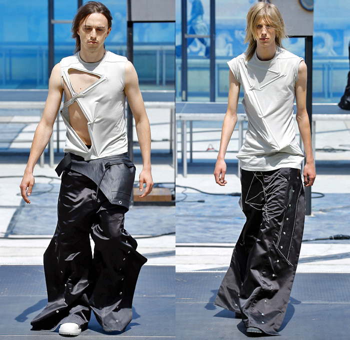 Rick Owens X Birkenstock Collaboration 2019 Spring Summer Mens Runway Catwalk Looks Collection Paris Fashion Week Homme France FHCM - Russian Constructivist Babel Tent Rods Silky Geometric Triangles Fringes Holes Cutout Structural Deconstructed Coat Nylon Parka Anorak Tanktop Bomber Jacket Waxed Denim Jeans Shorts Jorts Cutoffs Patchwork Carabiner Harness Cargo Pockets Snap Buttons Tearaway Pants Wide Leg Mask Veil Fanny Pack Waist Pouch Belt Bum Bag High Tops Sneakers Boots Sandals