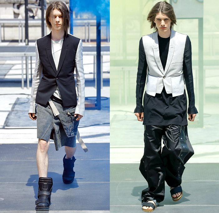 Rick Owens X Birkenstock Collaboration 2019 Spring Summer Mens Runway Catwalk Looks Collection Paris Fashion Week Homme France FHCM - Russian Constructivist Babel Tent Rods Silky Geometric Triangles Fringes Holes Cutout Structural Deconstructed Coat Nylon Parka Anorak Tanktop Bomber Jacket Waxed Denim Jeans Shorts Jorts Cutoffs Patchwork Carabiner Harness Cargo Pockets Snap Buttons Tearaway Pants Wide Leg Mask Veil Fanny Pack Waist Pouch Belt Bum Bag High Tops Sneakers Boots Sandals