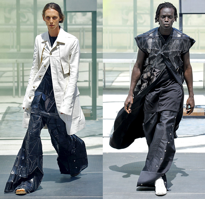 Rick Owens X Birkenstock Collaboration 2019 Spring Summer Mens Runway Catwalk Looks Collection Paris Fashion Week Homme France FHCM - Russian Constructivist Babel Tent Rods Silky Geometric Triangles Fringes Holes Cutout Structural Deconstructed Coat Nylon Parka Anorak Tanktop Bomber Jacket Waxed Denim Jeans Shorts Jorts Cutoffs Patchwork Carabiner Harness Cargo Pockets Snap Buttons Tearaway Pants Wide Leg Mask Veil Fanny Pack Waist Pouch Belt Bum Bag High Tops Sneakers Boots Sandals