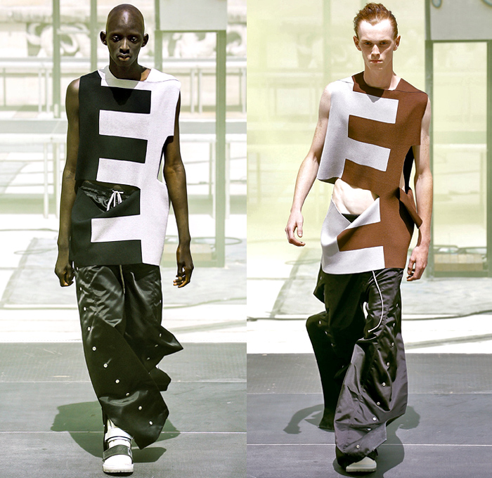 Rick Owens X Birkenstock Collaboration 2019 Spring Summer Mens Runway Catwalk Looks Collection Paris Fashion Week Homme France FHCM - Russian Constructivist Babel Tent Rods Silky Geometric Triangles Fringes Holes Cutout Structural Deconstructed Coat Nylon Parka Anorak Tanktop Bomber Jacket Waxed Denim Jeans Shorts Jorts Cutoffs Patchwork Carabiner Harness Cargo Pockets Snap Buttons Tearaway Pants Wide Leg Mask Veil Fanny Pack Waist Pouch Belt Bum Bag High Tops Sneakers Boots Sandals