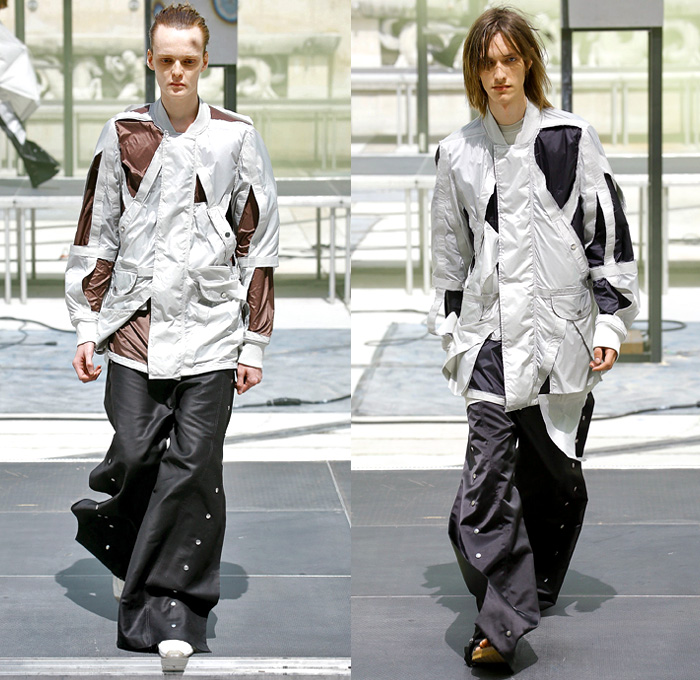 Rick Owens X Birkenstock Collaboration 2019 Spring Summer Mens Runway Catwalk Looks Collection Paris Fashion Week Homme France FHCM - Russian Constructivist Babel Tent Rods Silky Geometric Triangles Fringes Holes Cutout Structural Deconstructed Coat Nylon Parka Anorak Tanktop Bomber Jacket Waxed Denim Jeans Shorts Jorts Cutoffs Patchwork Carabiner Harness Cargo Pockets Snap Buttons Tearaway Pants Wide Leg Mask Veil Fanny Pack Waist Pouch Belt Bum Bag High Tops Sneakers Boots Sandals