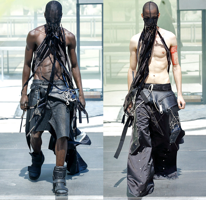 Rick Owens X Birkenstock Collaboration 2019 Spring Summer Mens Runway Catwalk Looks Collection Paris Fashion Week Homme France FHCM - Russian Constructivist Babel Tent Rods Silky Geometric Triangles Fringes Holes Cutout Structural Deconstructed Coat Nylon Parka Anorak Tanktop Bomber Jacket Waxed Denim Jeans Shorts Jorts Cutoffs Patchwork Carabiner Harness Cargo Pockets Snap Buttons Tearaway Pants Wide Leg Mask Veil Fanny Pack Waist Pouch Belt Bum Bag High Tops Sneakers Boots Sandals