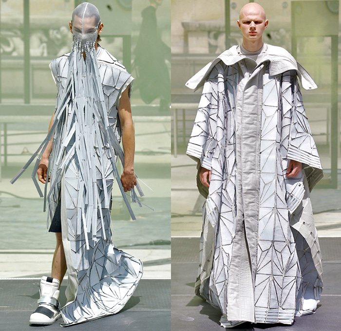 Rick Owens X Birkenstock Collaboration 2019 Spring Summer Mens Runway Catwalk Looks Collection Paris Fashion Week Homme France FHCM - Russian Constructivist Babel Tent Rods Silky Geometric Triangles Fringes Holes Cutout Structural Deconstructed Coat Nylon Parka Anorak Tanktop Bomber Jacket Waxed Denim Jeans Shorts Jorts Cutoffs Patchwork Carabiner Harness Cargo Pockets Snap Buttons Tearaway Pants Wide Leg Mask Veil Fanny Pack Waist Pouch Belt Bum Bag High Tops Sneakers Boots Sandals