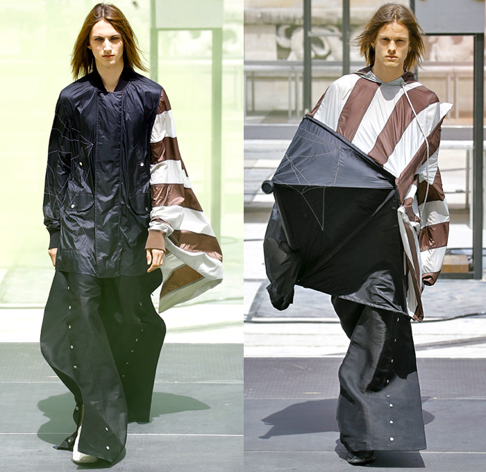 Rick Owens X Birkenstock Collaboration 2019 Spring Summer Mens Runway Catwalk Looks Collection Paris Fashion Week Homme France FHCM - Russian Constructivist Babel Tent Rods Silky Geometric Triangles Fringes Holes Cutout Structural Deconstructed Coat Nylon Parka Anorak Tanktop Bomber Jacket Waxed Denim Jeans Shorts Jorts Cutoffs Patchwork Carabiner Harness Cargo Pockets Snap Buttons Tearaway Pants Wide Leg Mask Veil Fanny Pack Waist Pouch Belt Bum Bag High Tops Sneakers Boots Sandals