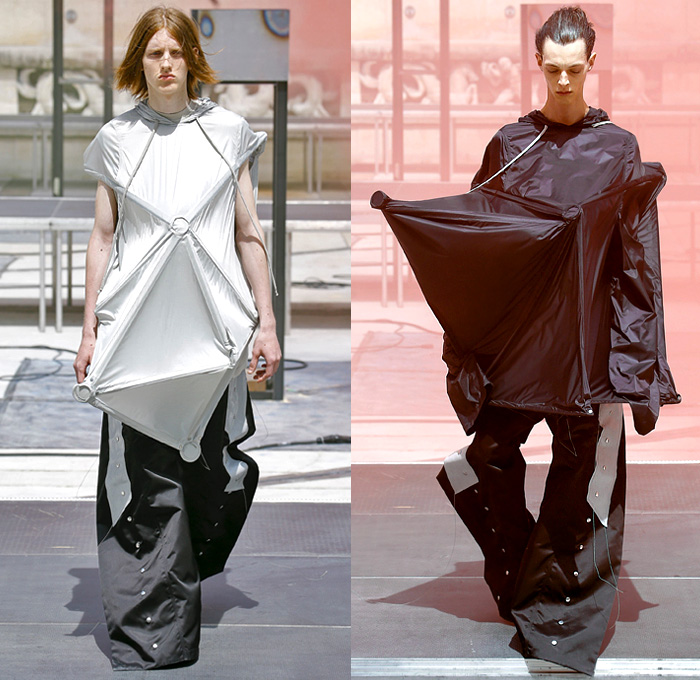 Rick Owens X Birkenstock Collaboration 2019 Spring Summer Mens Runway Catwalk Looks Collection Paris Fashion Week Homme France FHCM - Russian Constructivist Babel Tent Rods Silky Geometric Triangles Fringes Holes Cutout Structural Deconstructed Coat Nylon Parka Anorak Tanktop Bomber Jacket Waxed Denim Jeans Shorts Jorts Cutoffs Patchwork Carabiner Harness Cargo Pockets Snap Buttons Tearaway Pants Wide Leg Mask Veil Fanny Pack Waist Pouch Belt Bum Bag High Tops Sneakers Boots Sandals