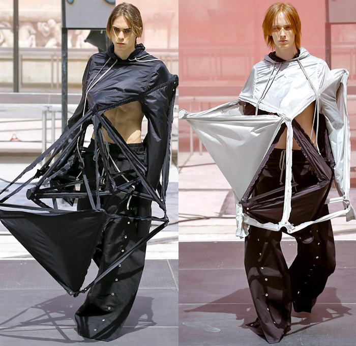 Rick Owens X Birkenstock Collaboration 2019 Spring Summer Mens Runway Catwalk Looks Collection Paris Fashion Week Homme France FHCM - Russian Constructivist Babel Tent Rods Silky Geometric Triangles Fringes Holes Cutout Structural Deconstructed Coat Nylon Parka Anorak Tanktop Bomber Jacket Waxed Denim Jeans Shorts Jorts Cutoffs Patchwork Carabiner Harness Cargo Pockets Snap Buttons Tearaway Pants Wide Leg Mask Veil Fanny Pack Waist Pouch Belt Bum Bag High Tops Sneakers Boots Sandals