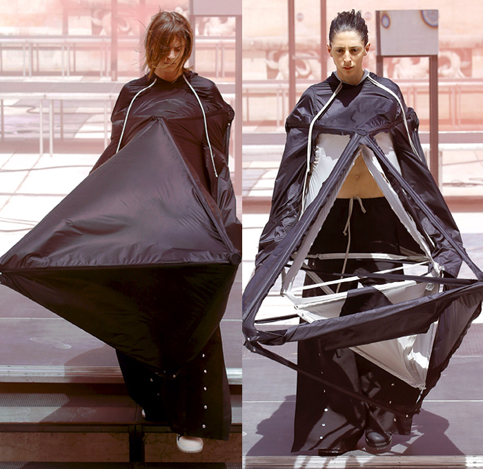 Rick Owens X Birkenstock Collaboration 2019 Spring Summer Mens Runway Catwalk Looks Collection Paris Fashion Week Homme France FHCM - Russian Constructivist Babel Tent Rods Silky Geometric Triangles Fringes Holes Cutout Structural Deconstructed Coat Nylon Parka Anorak Tanktop Bomber Jacket Waxed Denim Jeans Shorts Jorts Cutoffs Patchwork Carabiner Harness Cargo Pockets Snap Buttons Tearaway Pants Wide Leg Mask Veil Fanny Pack Waist Pouch Belt Bum Bag High Tops Sneakers Boots Sandals