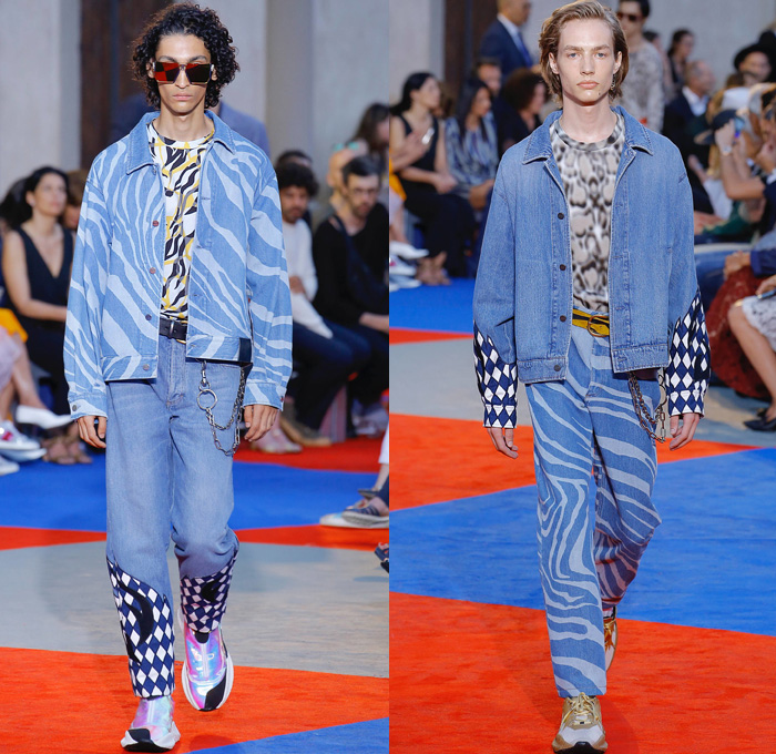 Roberto Cavalli 2019 Spring Summer Mens Runway Catwalk Looks Collection Pitti Immagine Uomo 94 Florence Firenze Italy - Animalier Snake Leopard Tiger Zebra Lynx Tiger Leopard Giraffe Harlequin Check Plaid Herringbone Digital Watch Pop Art Pinstripe Denim Jeans Outerwear Coat Suit Blazer Jacket Knit Sweater Mesh Threads V-Neck Shirt Fishnet Flat Front Pants Shorts Chain Sunglasses Crossbody Bag Satchel Trainers Running Shoes