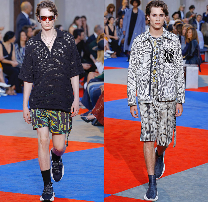 Roberto Cavalli 2019 Spring Summer Mens Runway Catwalk Looks Collection Pitti Immagine Uomo 94 Florence Firenze Italy - Animalier Snake Leopard Tiger Zebra Lynx Tiger Leopard Giraffe Harlequin Check Plaid Herringbone Digital Watch Pop Art Pinstripe Denim Jeans Outerwear Coat Suit Blazer Jacket Knit Sweater Mesh Threads V-Neck Shirt Fishnet Flat Front Pants Shorts Chain Sunglasses Crossbody Bag Satchel Trainers Running Shoes