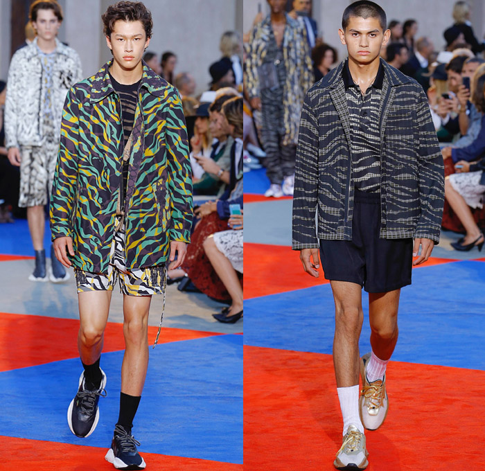 Roberto Cavalli 2019 Spring Summer Mens Runway Catwalk Looks Collection Pitti Immagine Uomo 94 Florence Firenze Italy - Animalier Snake Leopard Tiger Zebra Lynx Tiger Leopard Giraffe Harlequin Check Plaid Herringbone Digital Watch Pop Art Pinstripe Denim Jeans Outerwear Coat Suit Blazer Jacket Knit Sweater Mesh Threads V-Neck Shirt Fishnet Flat Front Pants Shorts Chain Sunglasses Crossbody Bag Satchel Trainers Running Shoes