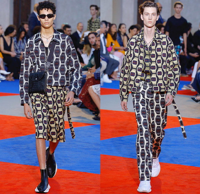 Roberto Cavalli 2019 Spring Summer Mens Runway Catwalk Looks Collection Pitti Immagine Uomo 94 Florence Firenze Italy - Animalier Snake Leopard Tiger Zebra Lynx Tiger Leopard Giraffe Harlequin Check Plaid Herringbone Digital Watch Pop Art Pinstripe Denim Jeans Outerwear Coat Suit Blazer Jacket Knit Sweater Mesh Threads V-Neck Shirt Fishnet Flat Front Pants Shorts Chain Sunglasses Crossbody Bag Satchel Trainers Running Shoes