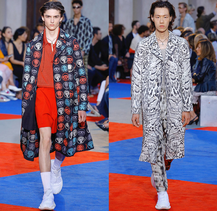 Roberto Cavalli 2019 Spring Summer Mens Runway Catwalk Looks Collection Pitti Immagine Uomo 94 Florence Firenze Italy - Animalier Snake Leopard Tiger Zebra Lynx Tiger Leopard Giraffe Harlequin Check Plaid Herringbone Digital Watch Pop Art Pinstripe Denim Jeans Outerwear Coat Suit Blazer Jacket Knit Sweater Mesh Threads V-Neck Shirt Fishnet Flat Front Pants Shorts Chain Sunglasses Crossbody Bag Satchel Trainers Running Shoes