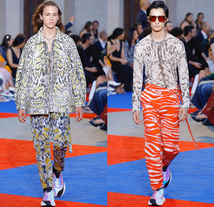 Roberto Cavalli 2019 Spring Summer Mens Runway Catwalk Looks Collection Pitti Immagine Uomo 94 Florence Firenze Italy - Animalier Snake Leopard Tiger Zebra Lynx Tiger Leopard Giraffe Harlequin Check Plaid Herringbone Digital Watch Pop Art Pinstripe Denim Jeans Outerwear Coat Suit Blazer Jacket Knit Sweater Mesh Threads V-Neck Shirt Fishnet Flat Front Pants Shorts Chain Sunglasses Crossbody Bag Satchel Trainers Running Shoes