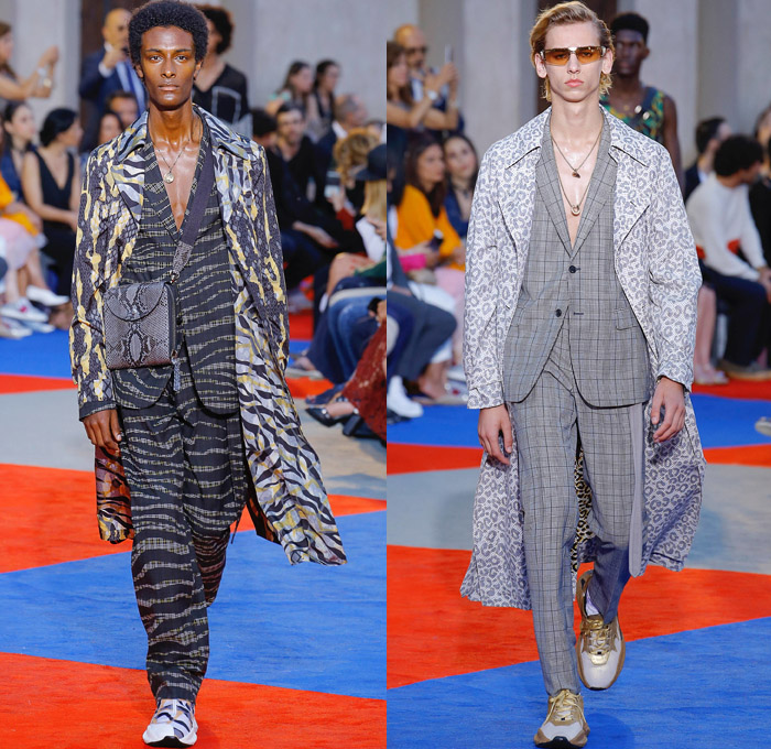 Roberto Cavalli 2019 Spring Summer Mens Runway Catwalk Looks Collection Pitti Immagine Uomo 94 Florence Firenze Italy - Animalier Snake Leopard Tiger Zebra Lynx Tiger Leopard Giraffe Harlequin Check Plaid Herringbone Digital Watch Pop Art Pinstripe Denim Jeans Outerwear Coat Suit Blazer Jacket Knit Sweater Mesh Threads V-Neck Shirt Fishnet Flat Front Pants Shorts Chain Sunglasses Crossbody Bag Satchel Trainers Running Shoes